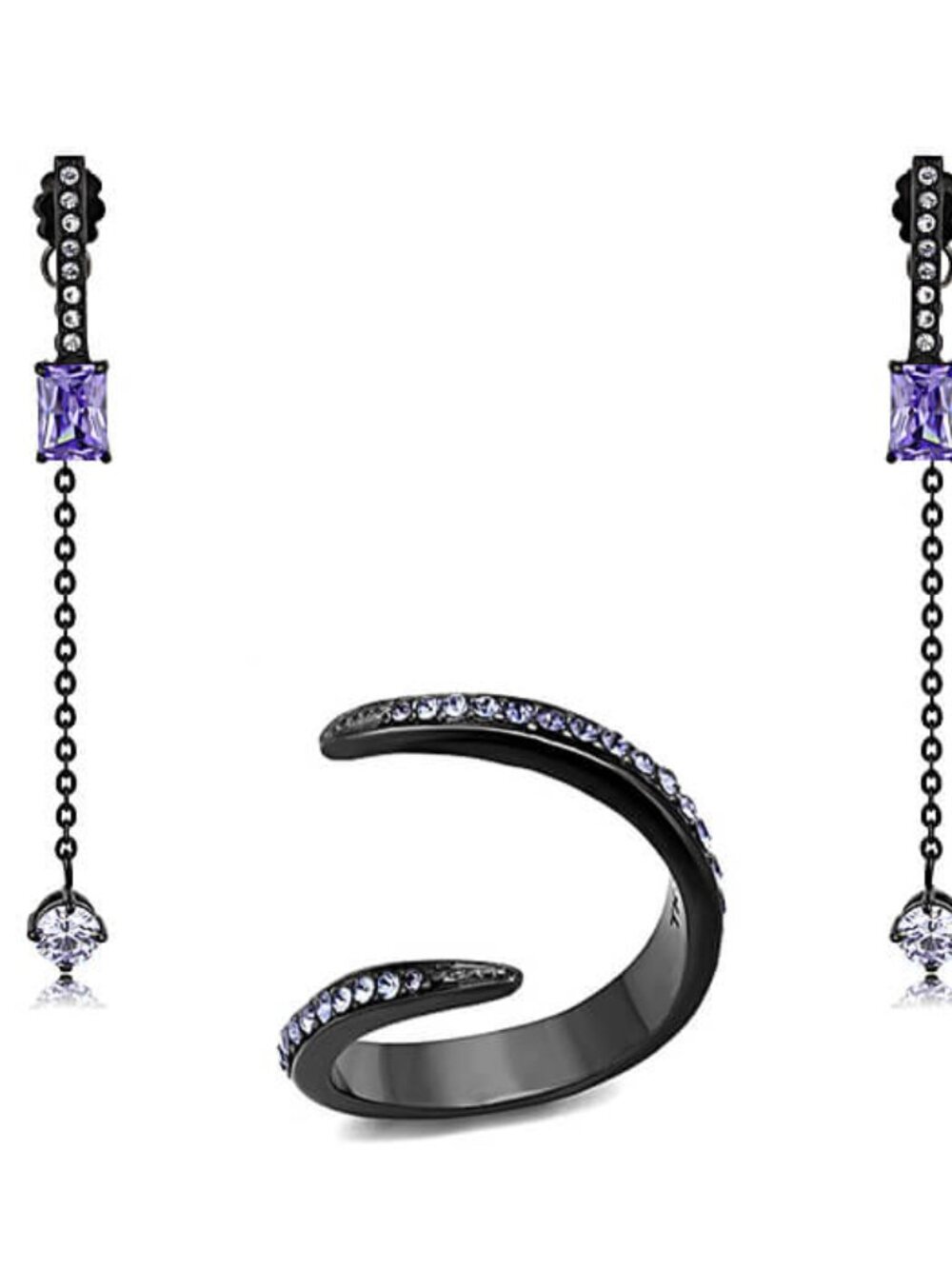 Stainless Steel IP Gun Black Crystal Tanzanite Earring & Ring Set